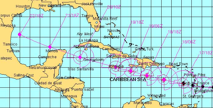 Map showing forecast track of Hurricane Dean